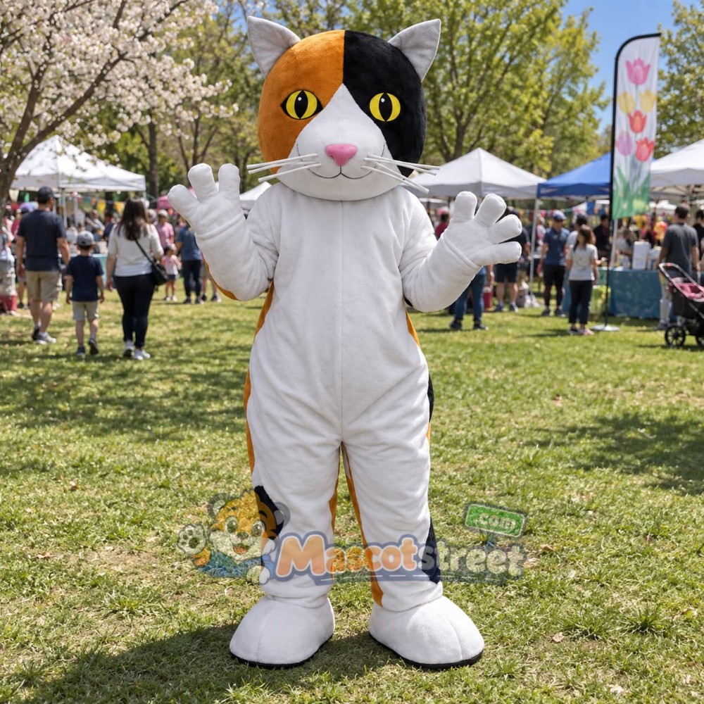 Calico Cat Mascot Costume with White Outfit Calico Cat Mascot Costume with White Outfit