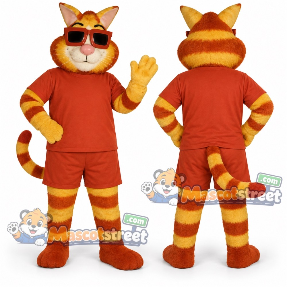 Orange Cat Mascot Costume with Orange Shirt and Sunglasses Orange Cat Mascot Costume with Orange Shirt and Sunglasses