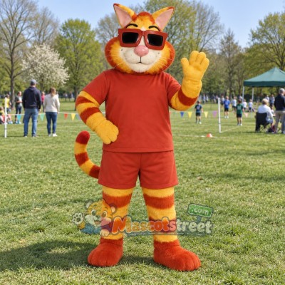 Orange Cat Mascot Costume with Orange Shirt and Sunglasses Orange Cat Mascot Costume with Orange Shirt and Sunglasses