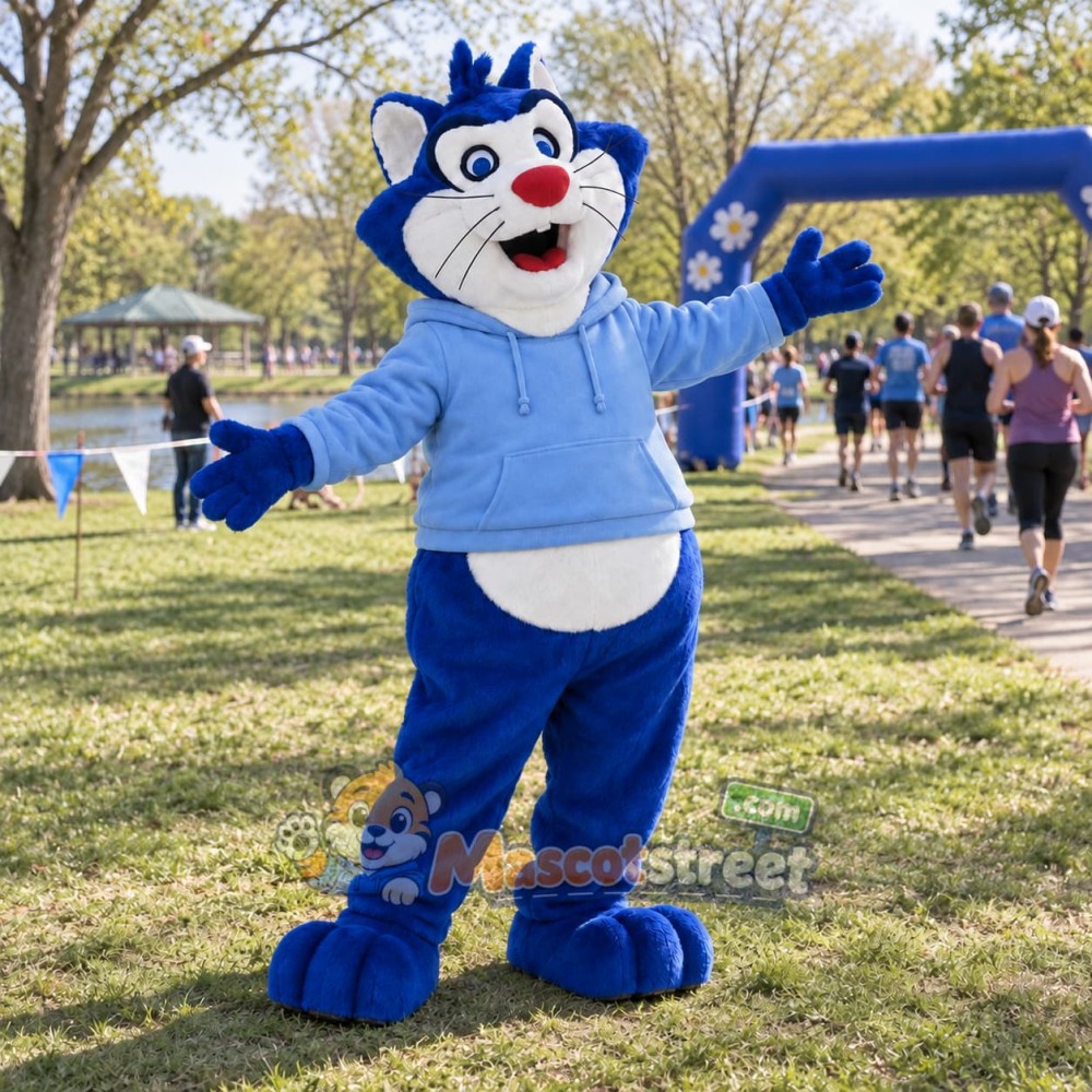 Blue Cat Mascot Costume with Blue Hoodie Blue Cat Mascot Costume with Blue Hoodie
