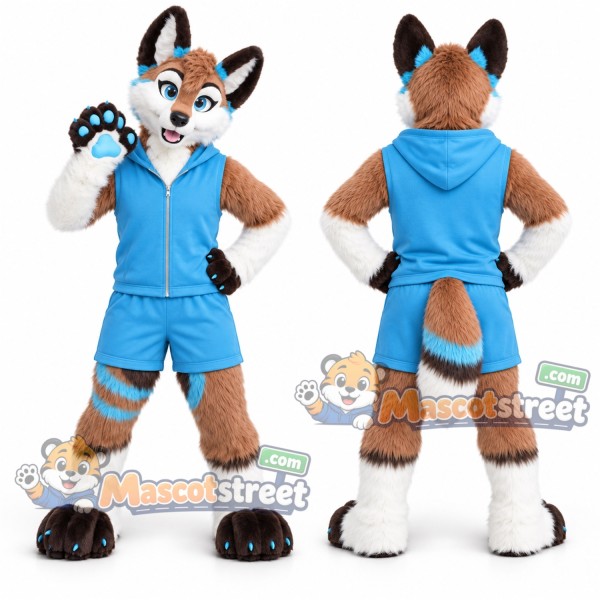 Brown and White Canine Mascot Costume with Blue Sports Uniform