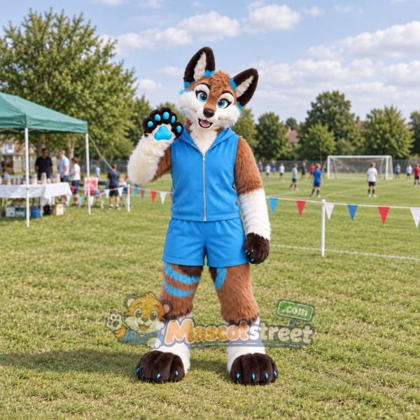 Brown and White Canine Mascot Costume with Blue Sports Uniform