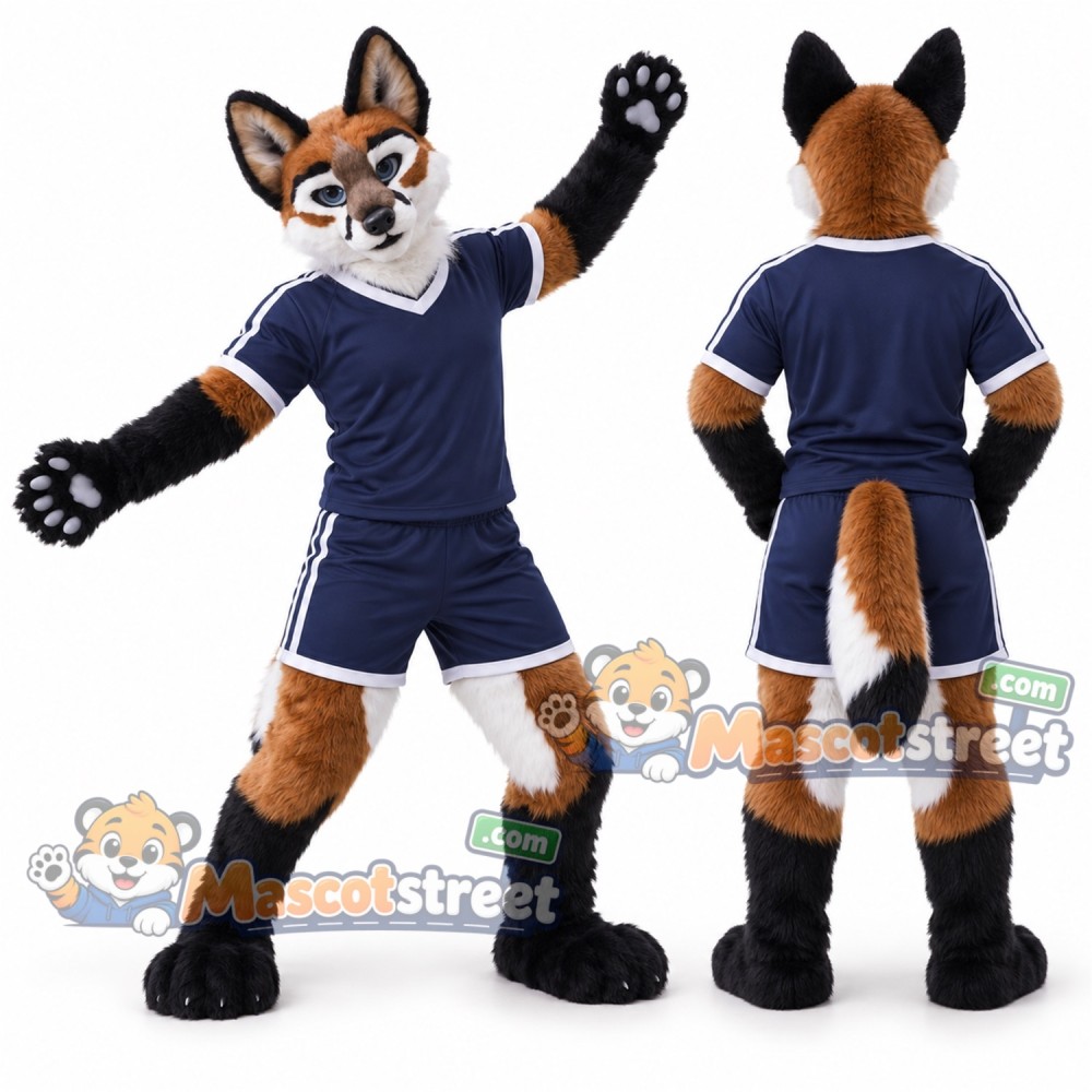 Brown and Black Dog Mascot Costume with Navy Sports Uniform