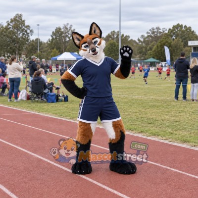 Brown and Black Dog Mascot Costume with Navy Sports Uniform