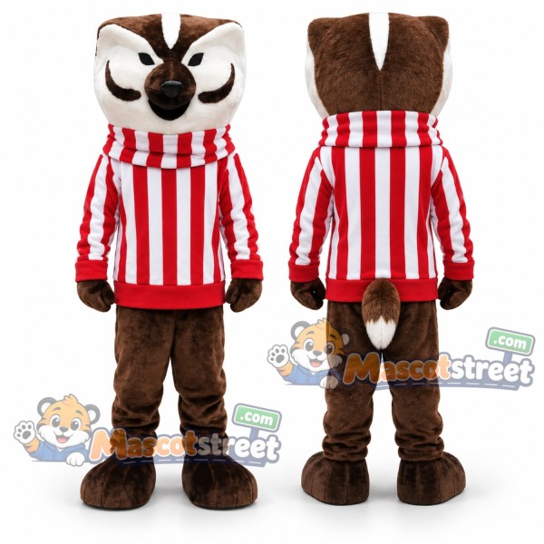 Brown Badger Mascot Costume with Red and White Striped Sweater