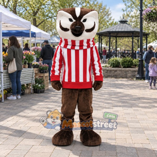Brown Badger Mascot Costume with Red and White Striped Sweater