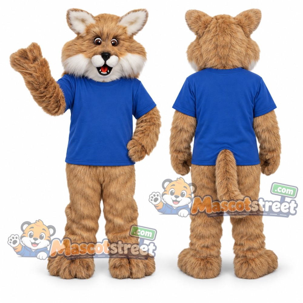 Tan Bobcat Mascot Costume with Blue Shirt Tan Bobcat Mascot Costume with Blue Shirt