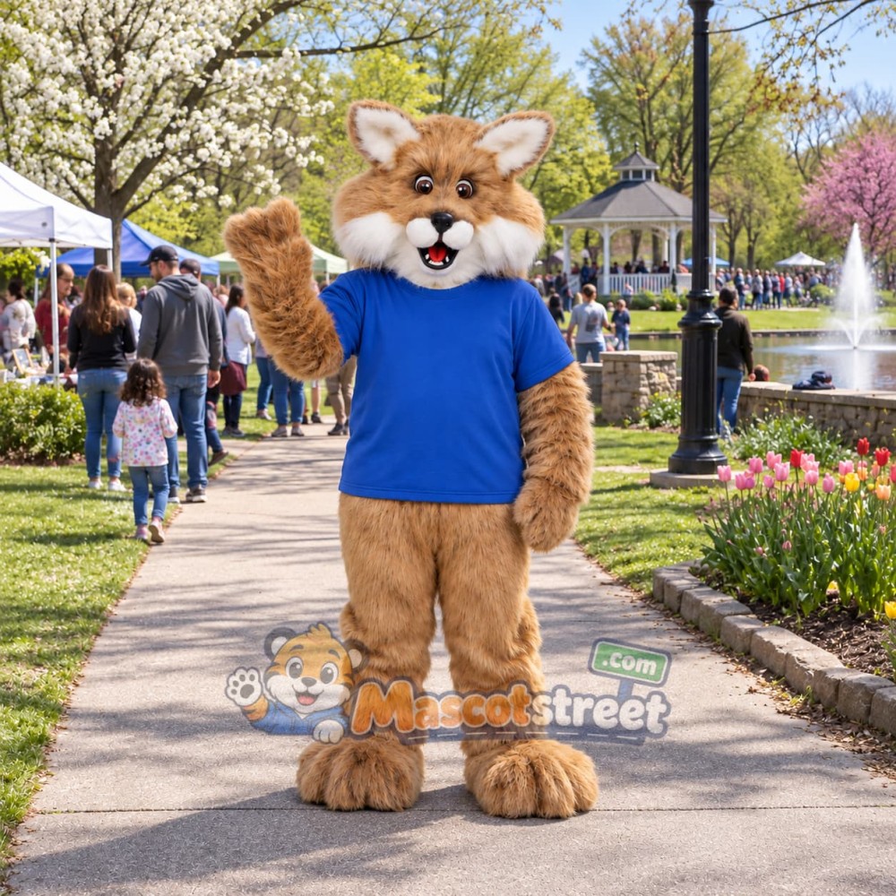 Tan Bobcat Mascot Costume with Blue Shirt Tan Bobcat Mascot Costume with Blue Shirt