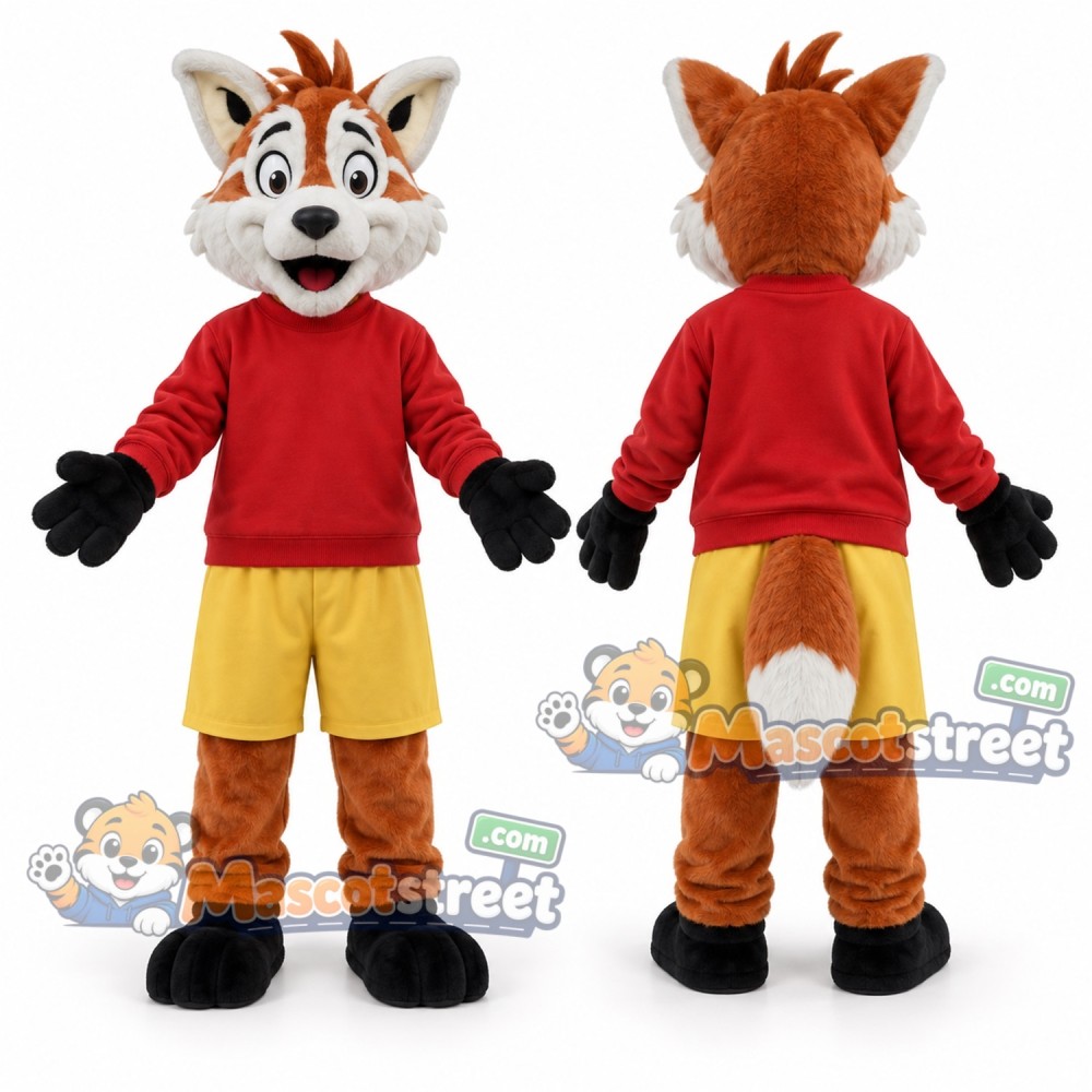 Orange Fox Mascot Costume with Red Shirt and Yellow Shorts Orange Fox Mascot Costume with Red Shirt and Yellow Shorts