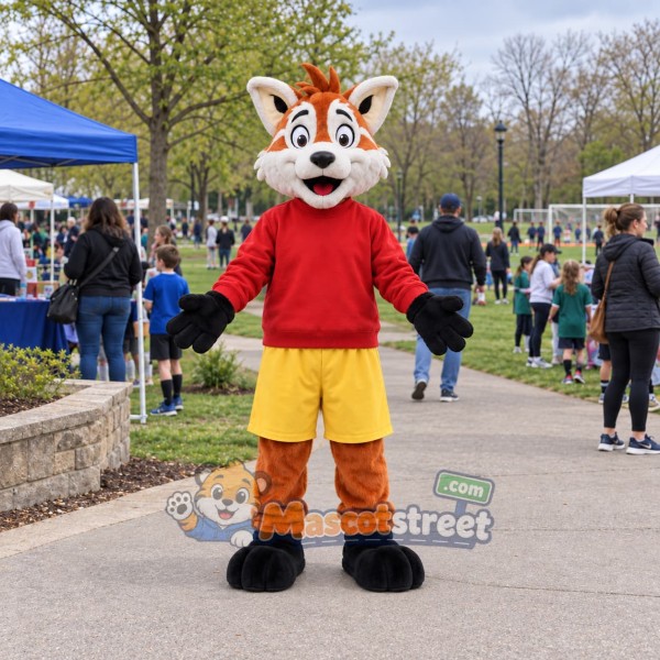 Orange Fox Mascot Costume with Red Shirt and Yellow Shorts
