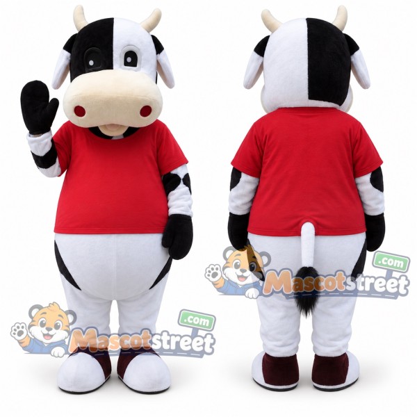 Black and White Cow Mascot Costume with Red Shirt