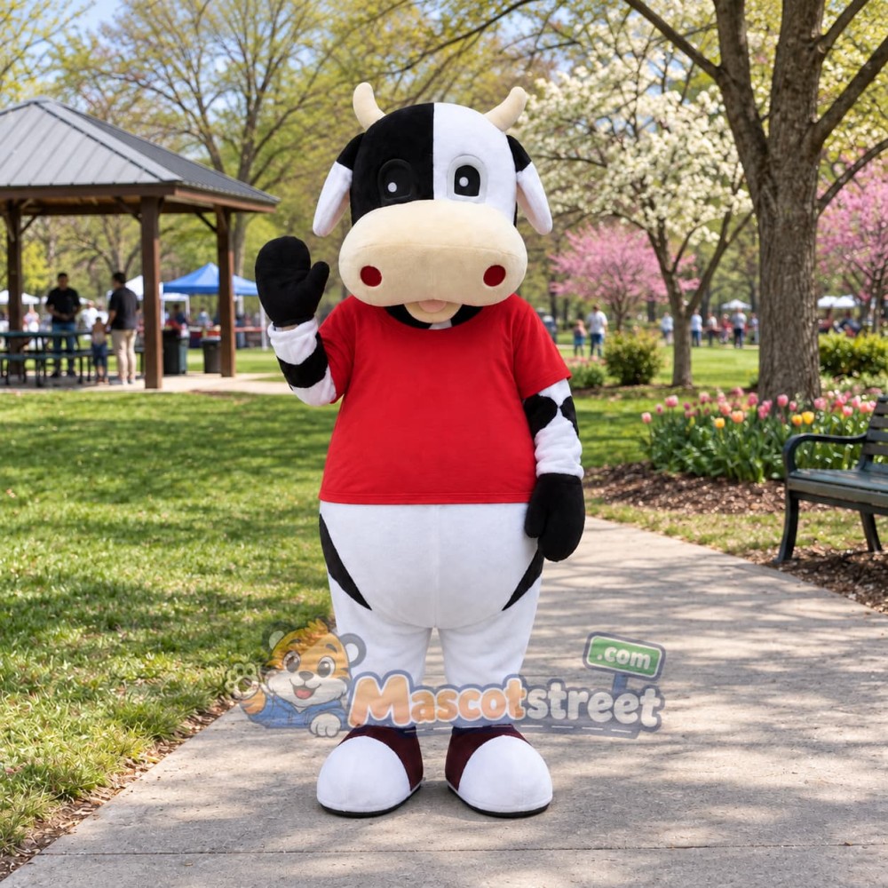 Black and White Cow Mascot Costume with Red Shirt