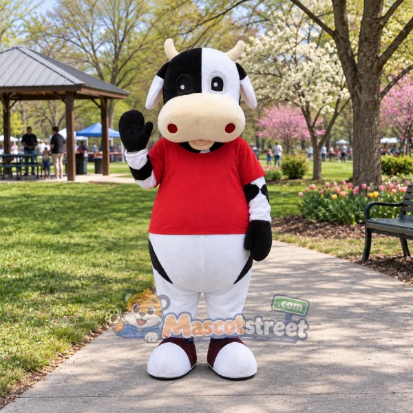 Black and White Cow Mascot Costume with Red Shirt