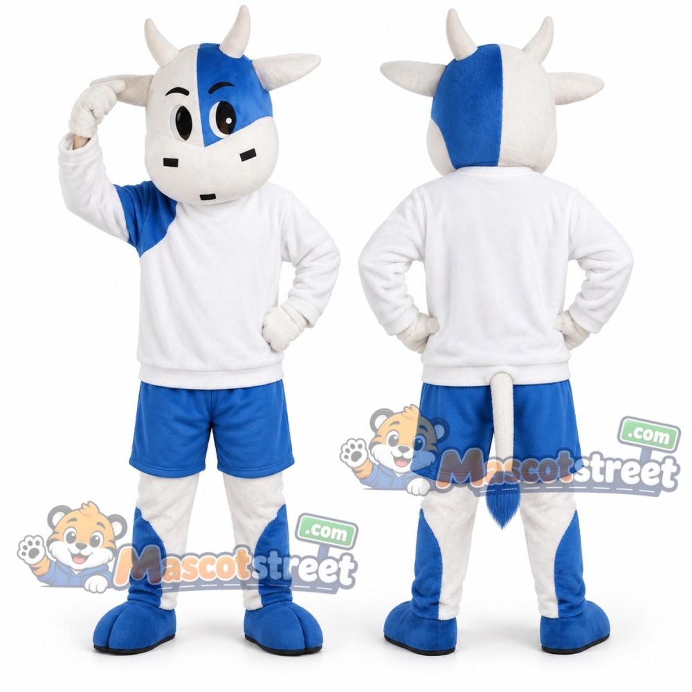 Blue and White Cow Mascot Costume with White Shirt Blue and White Cow Mascot Costume with White Shirt