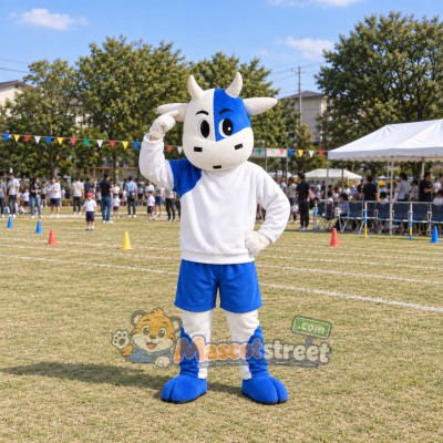 Blue and White Cow Mascot Costume with White Shirt Blue and White Cow Mascot Costume with White Shirt