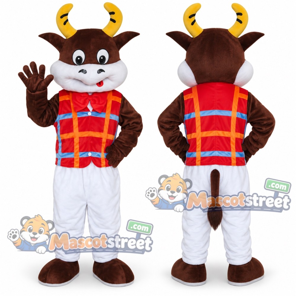 Brown and White Cow Mascot Costume with Plaid Vest