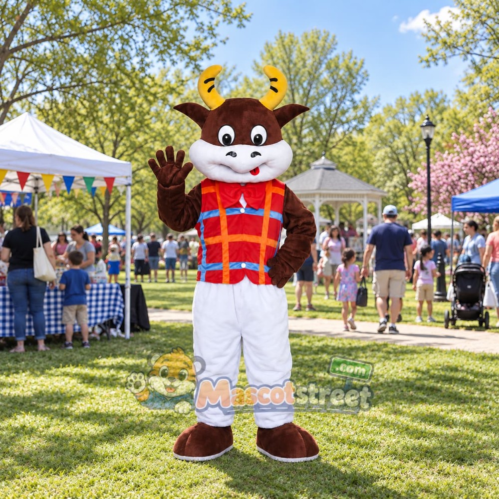 Brown and White Cow Mascot Costume with Plaid Vest
