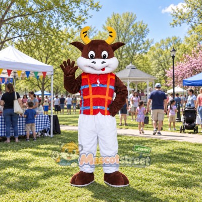 Brown and White Cow Mascot Costume with Plaid Vest