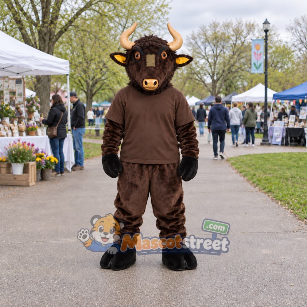 Brown Bull Mascot Costume with Brown Shirt