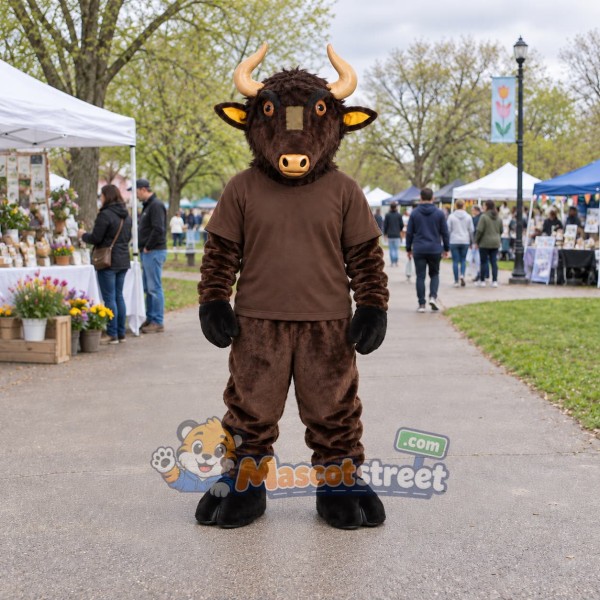 Brown Bull Mascot Costume with Brown Shirt