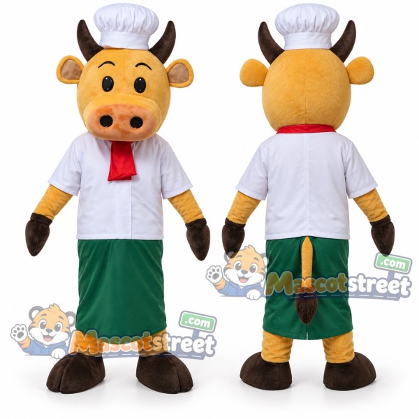 Yellow Bull Chef Mascot Costume with Chef Hat and Green Apron