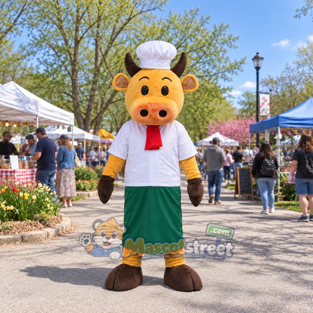 Yellow Bull Chef Mascot Costume with Chef Hat and Green Apron