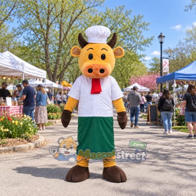 Yellow Bull Chef Mascot Costume with Chef Hat and Green Apron
