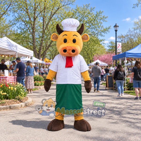 Yellow Bull Chef Mascot Costume with Chef Hat and Green Apron