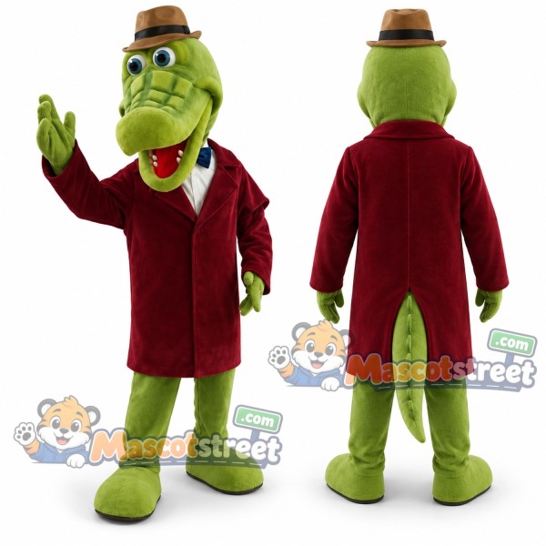 Green Crocodile Mascot Costume with Red Jacket and Brown Hat