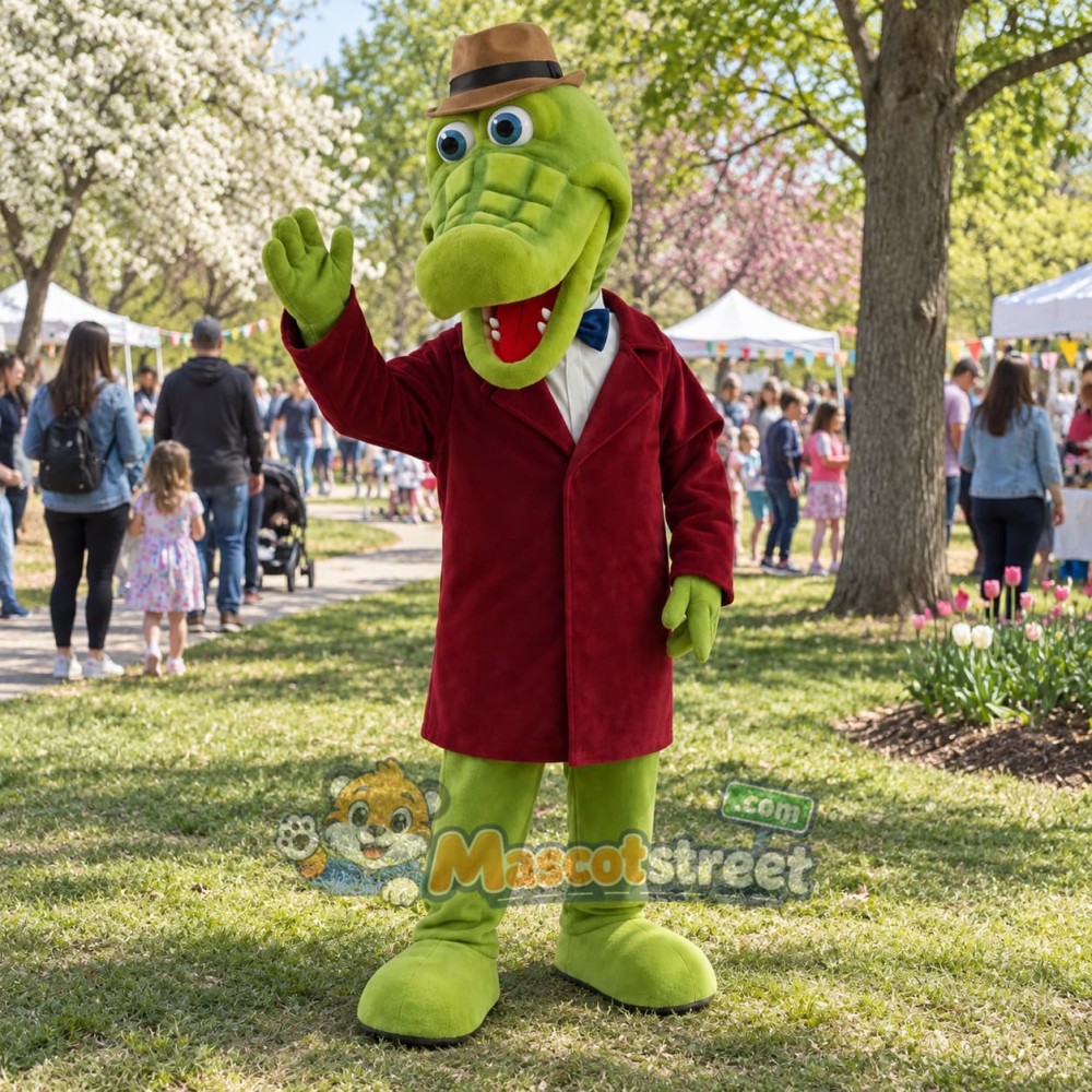 Green Crocodile Mascot Costume with Red Jacket and Brown Hat Green Crocodile Mascot Costume with Red Jacket and Brown Hat
