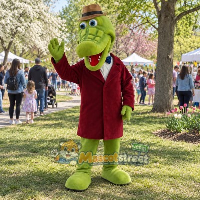 Green Crocodile Mascot Costume with Red Jacket and Brown Hat Green Crocodile Mascot Costume with Red Jacket and Brown Hat