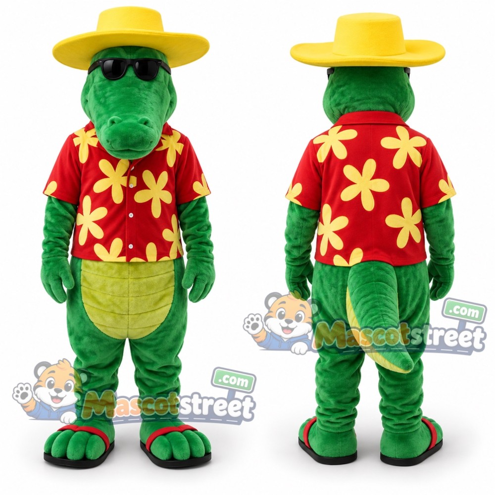 Green Crocodile Mascot Costume with Floral Shirt and Yellow Hat