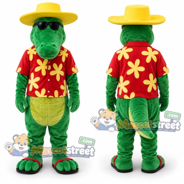 Green Crocodile Mascot Costume with Floral Shirt and Yellow Hat