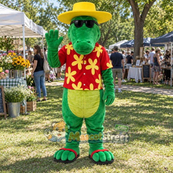 Green Crocodile Mascot Costume with Floral Shirt and Yellow Hat