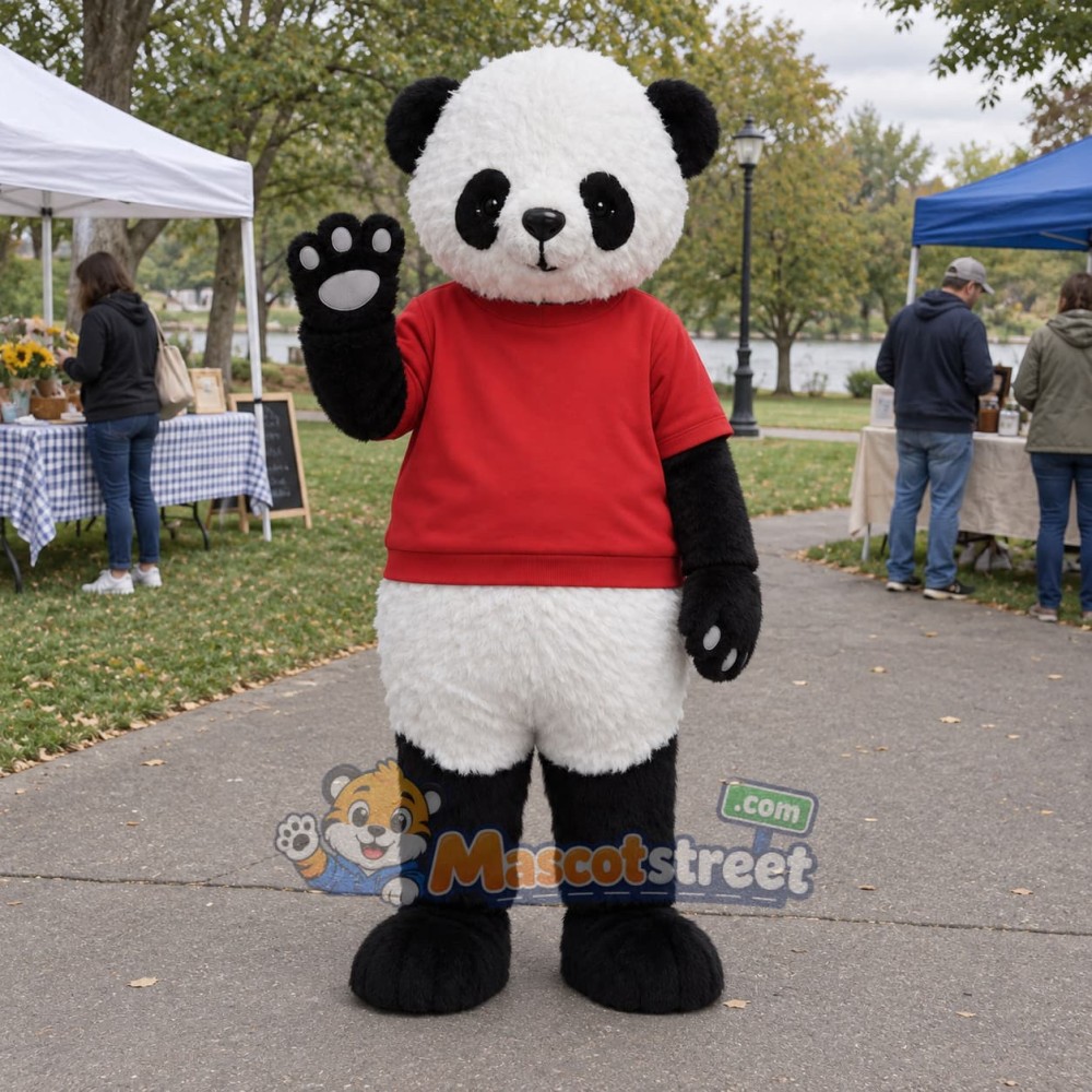 Panda Mascot Costume with Red Shirt