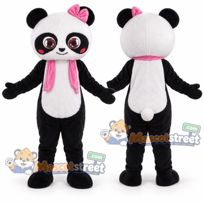 Panda Mascot Costume with Pink Scarf and Bow