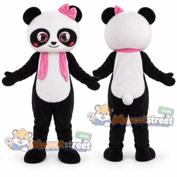 Panda Mascot Costume with Pink Scarf and Bow