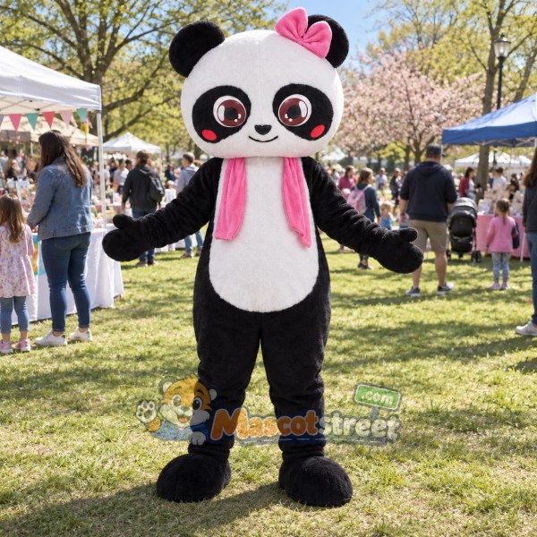 Panda Mascot Costume with Pink Scarf and Bow