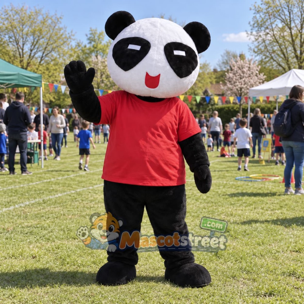 Panda Mascot Costume with Red Shirt