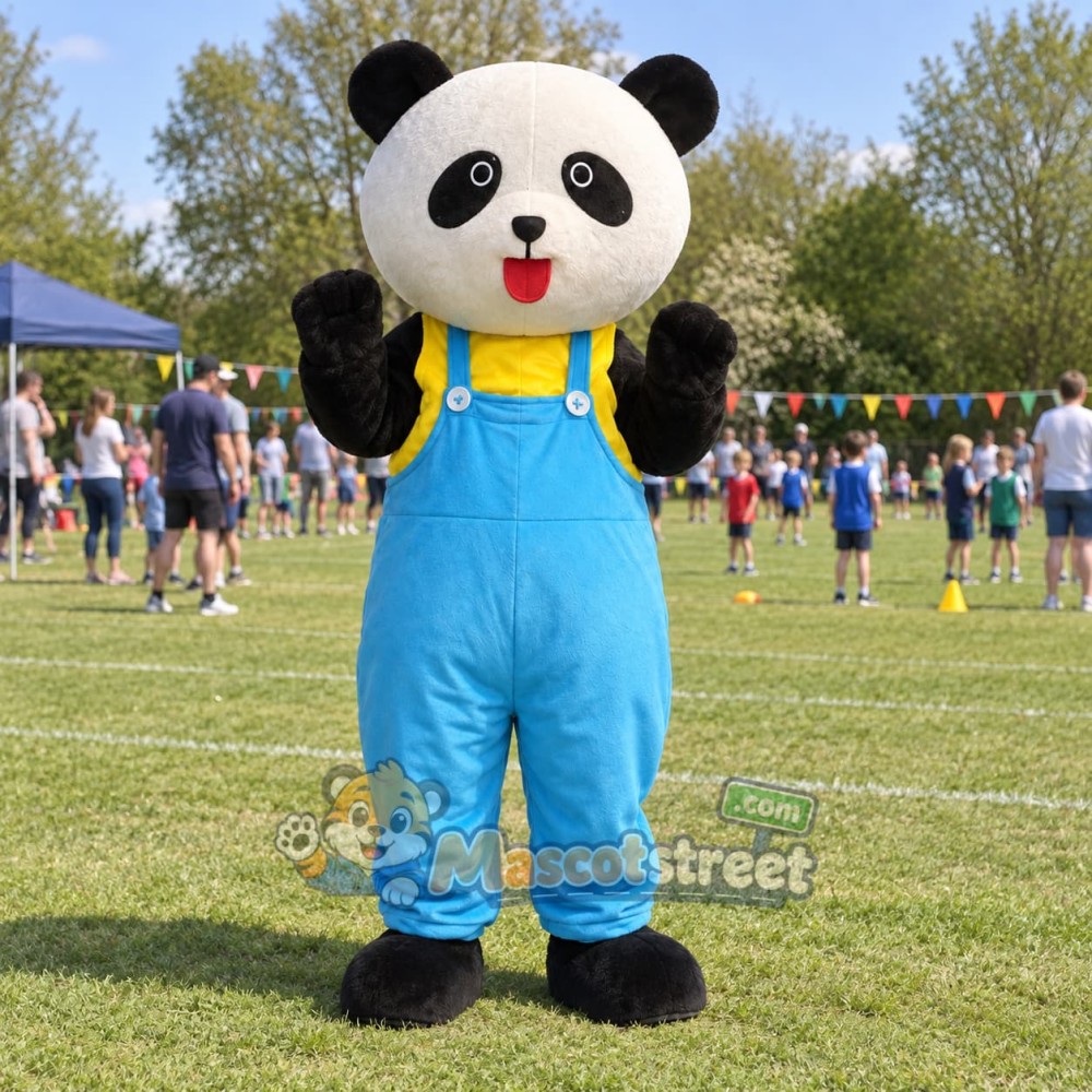 Panda Mascot Costume with Blue Overalls