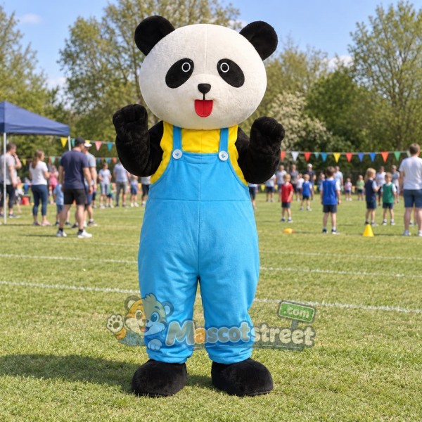 Panda Mascot Costume with Blue Overalls