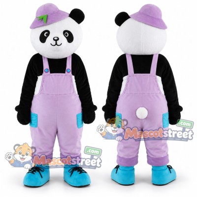 Panda Mascot Costume with Purple Overalls and Hat Panda Mascot Costume with Purple Overalls and Hat