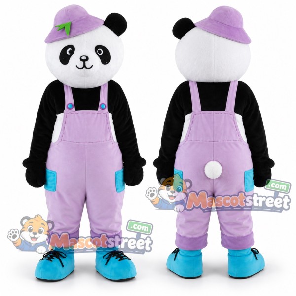 Panda Mascot Costume with Purple Overalls and Hat
