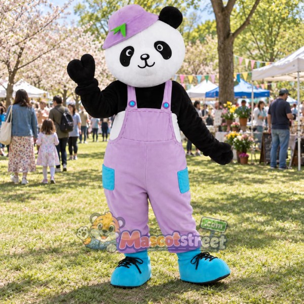 Panda Mascot Costume with Purple Overalls and Hat