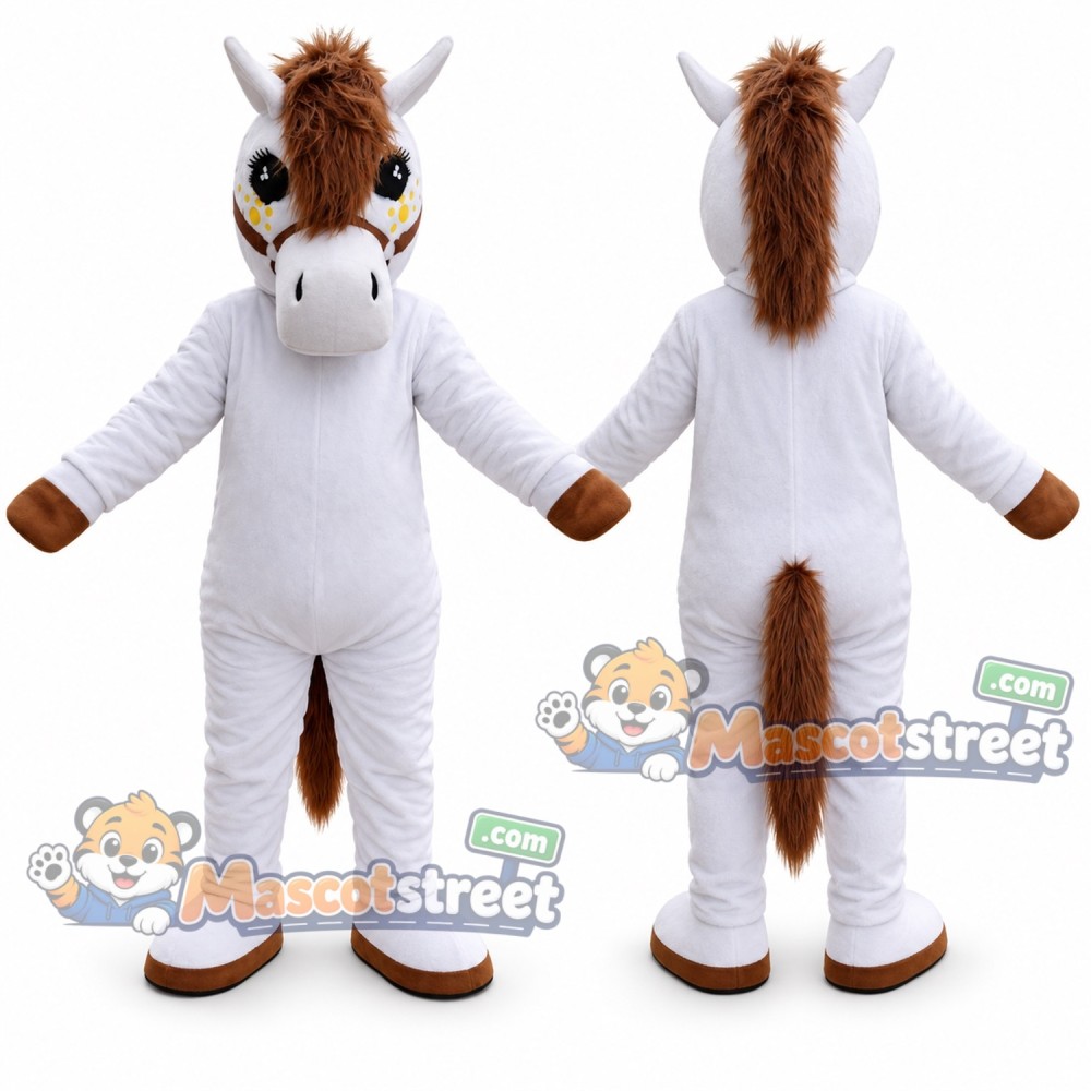 White Horse Mascot Costume with White Outfit White Horse Mascot Costume with White Outfit