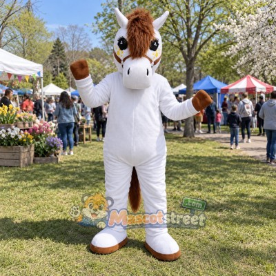 White Horse Mascot Costume with White Outfit White Horse Mascot Costume with White Outfit