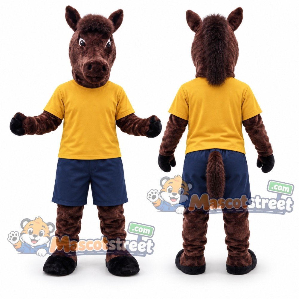 Brown Horse Mascot Costume with Yellow Shirt