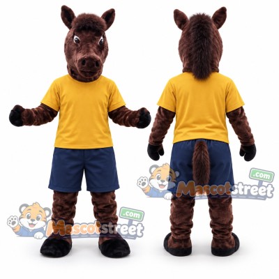 Brown Horse Mascot Costume with Yellow Shirt