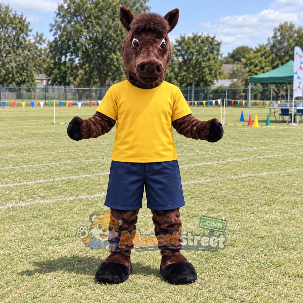 Brown Horse Mascot Costume with Yellow Shirt