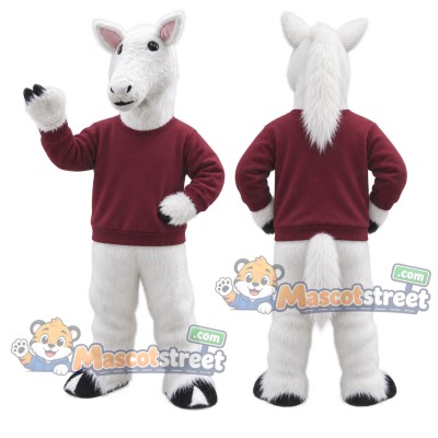 White Horse Mascot Costume with Burgundy Sweatshirt